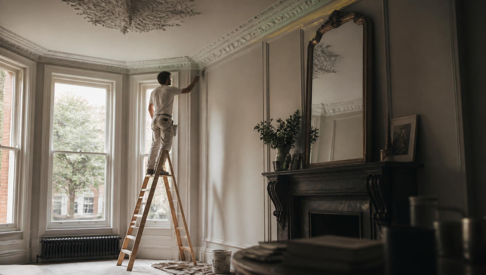 Elegant Victorian villa interior in Highgate with a decorator working on a tall sash window