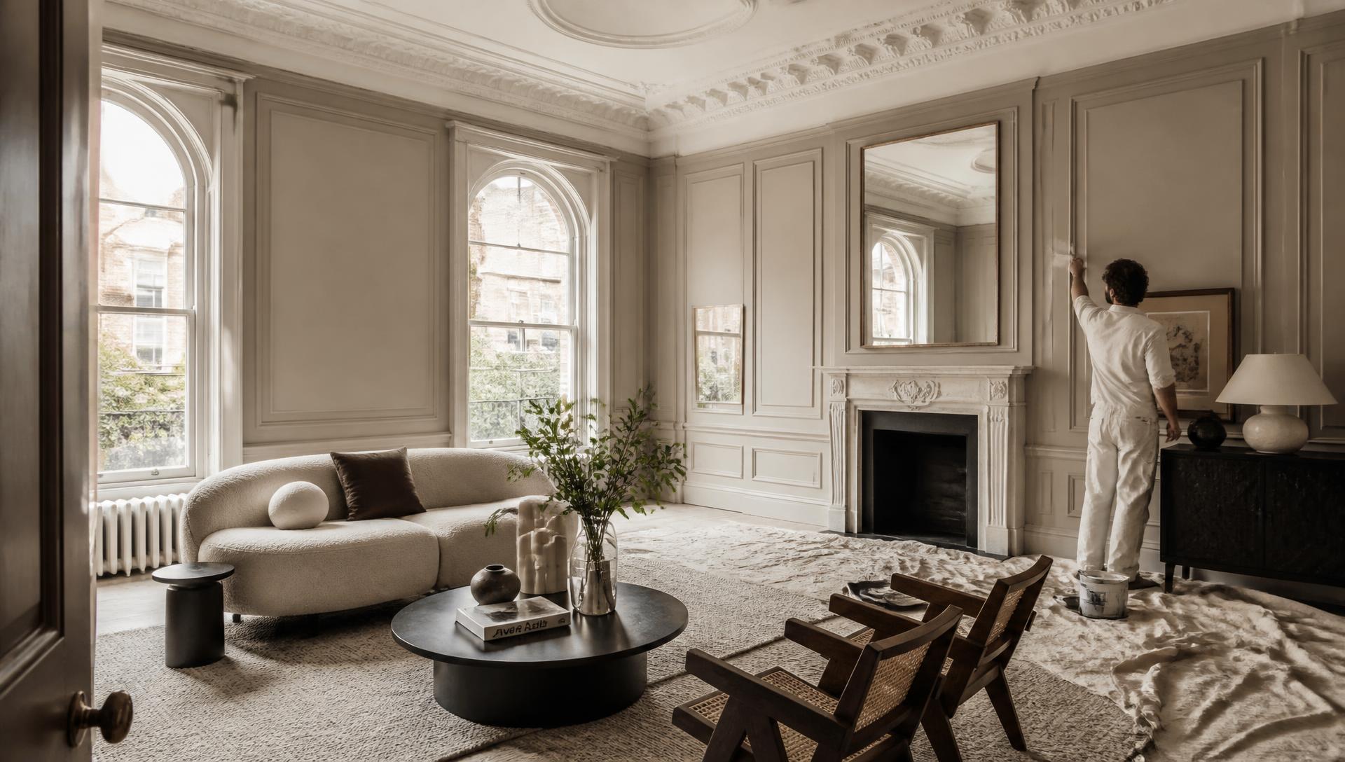 Grand Maida Vale mansion flat interior with tall arched windows and elegant panelling