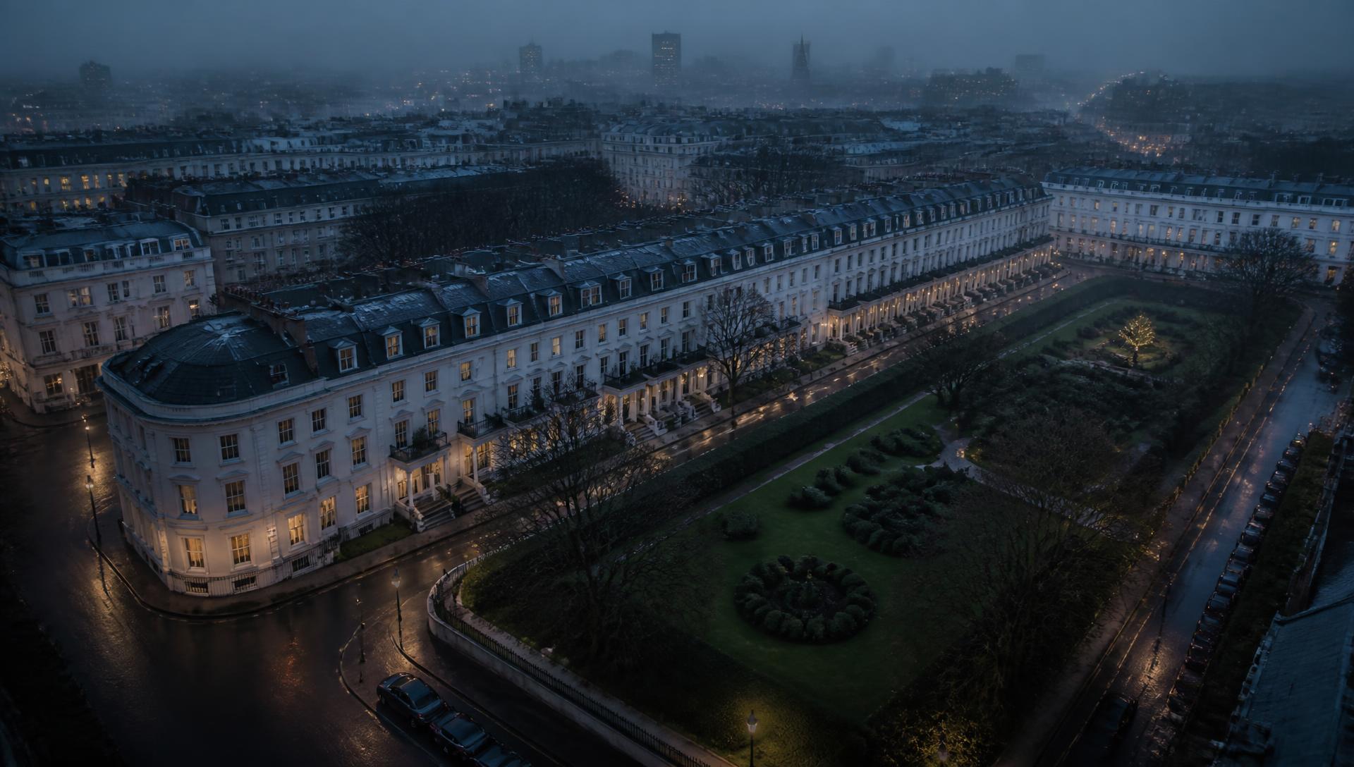 Aerial view of white stucco London terraces and a garden square at dusk